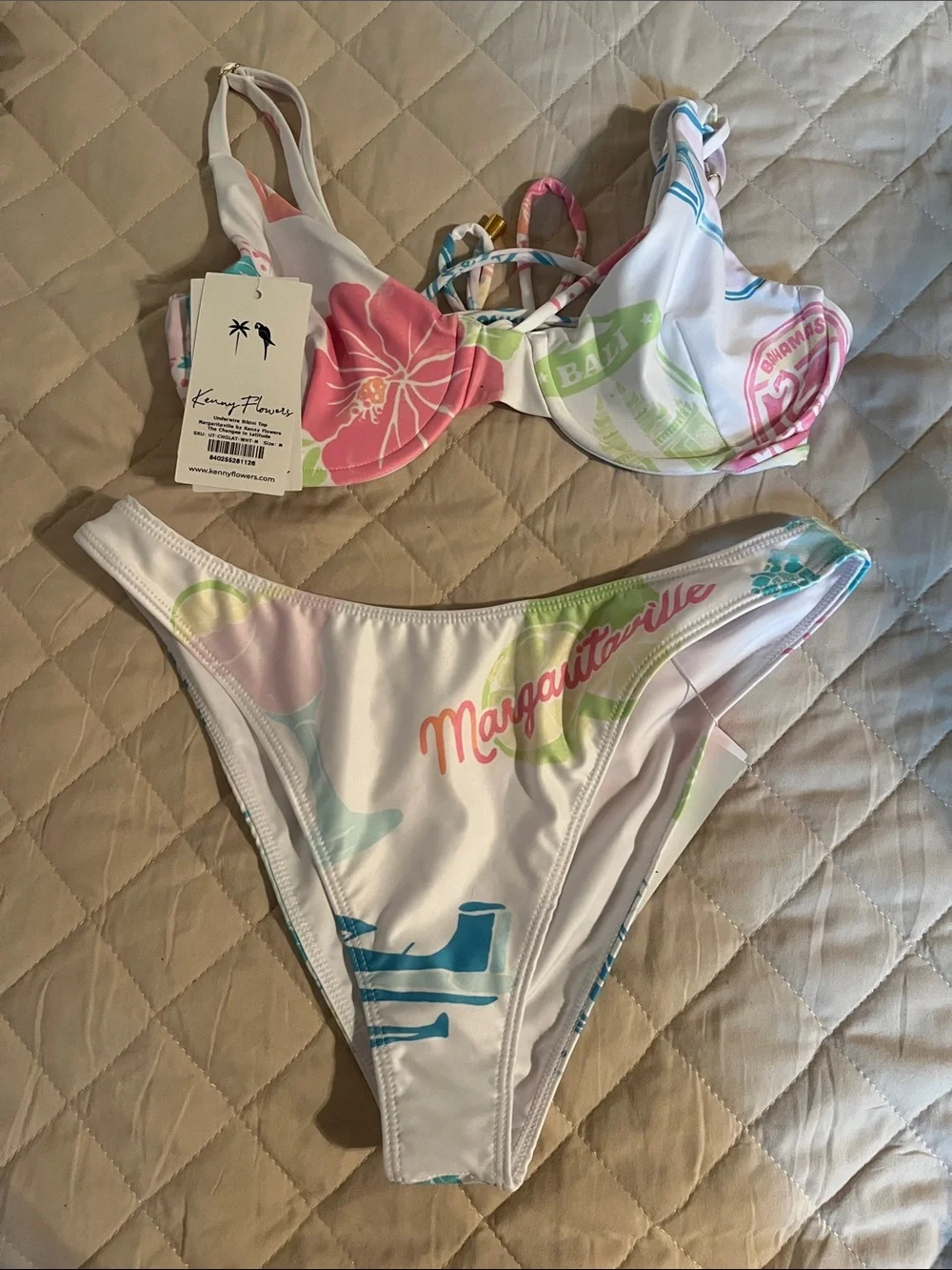 Kenny Flowers White Bikini with Pink, Green & Blue Tropical Print